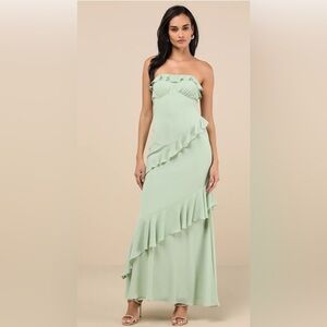 NWT Lulus Sage Green Ruffled Cutout Strapless Maxi Dress. Size Large.